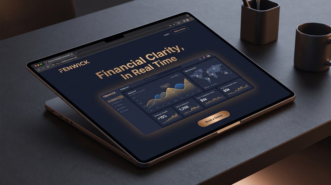 FENWICK fintech analytics landing page concept mockup