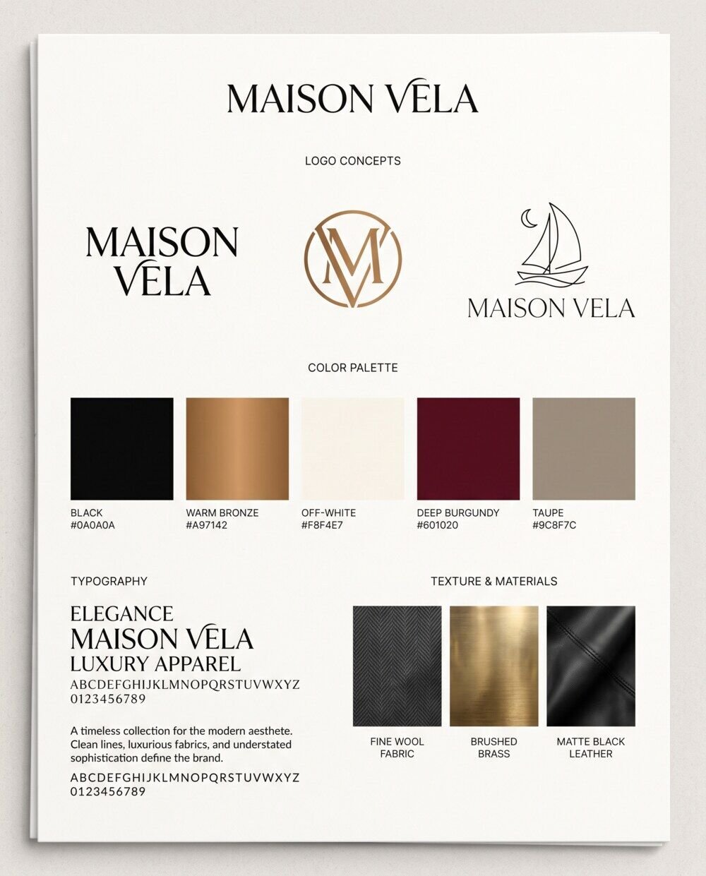 MAISON VELA brand identity exploration board concept