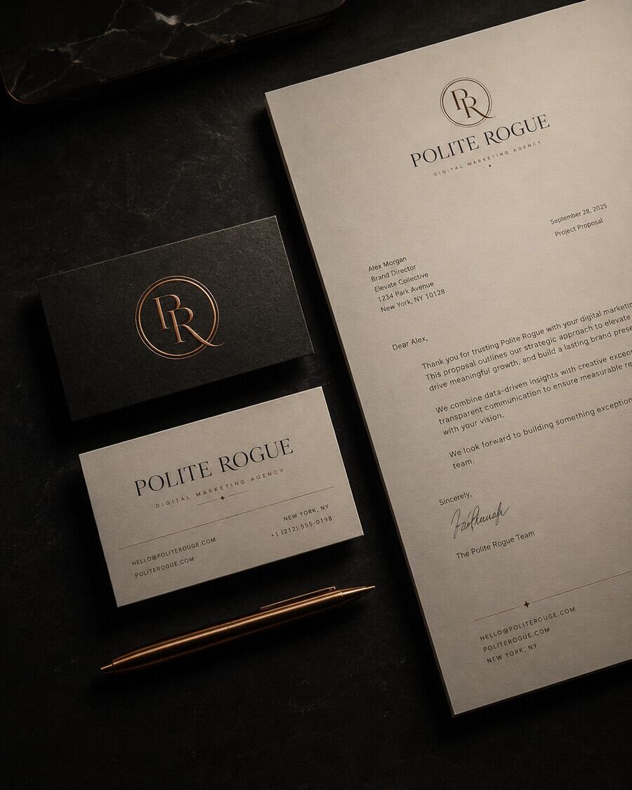 Polite Rogue business card system in black and bronze foil