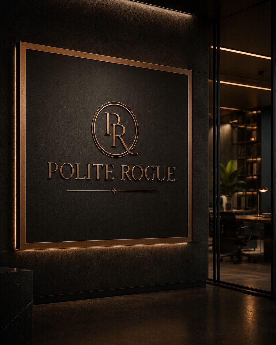 Polite Rogue premium office signage in bronze on black